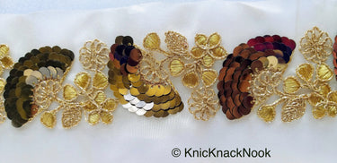 Gold Sheer Fabric Trim With Antique Gold Floral Embroidery And Metallic Sequins Embellishments, Approx. 95mm Wide - 210119L123